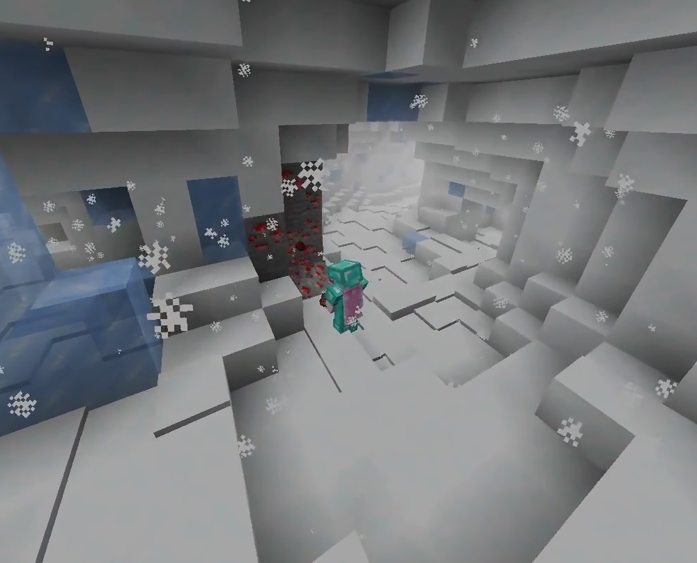 Player harvesting redstone in an ice cave inside a Descent Into Darkness dimension